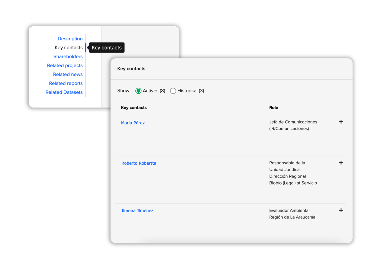 Example of key contacts involved in a project or company. 