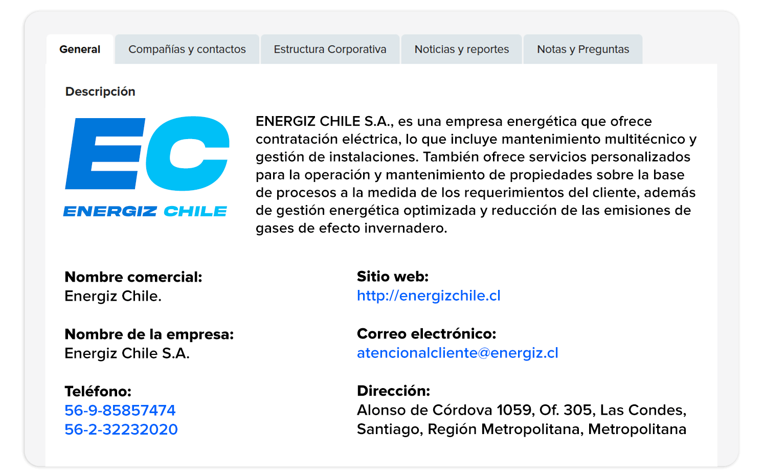 Perfil de empresa en BNamericas con insights clave para consultores.