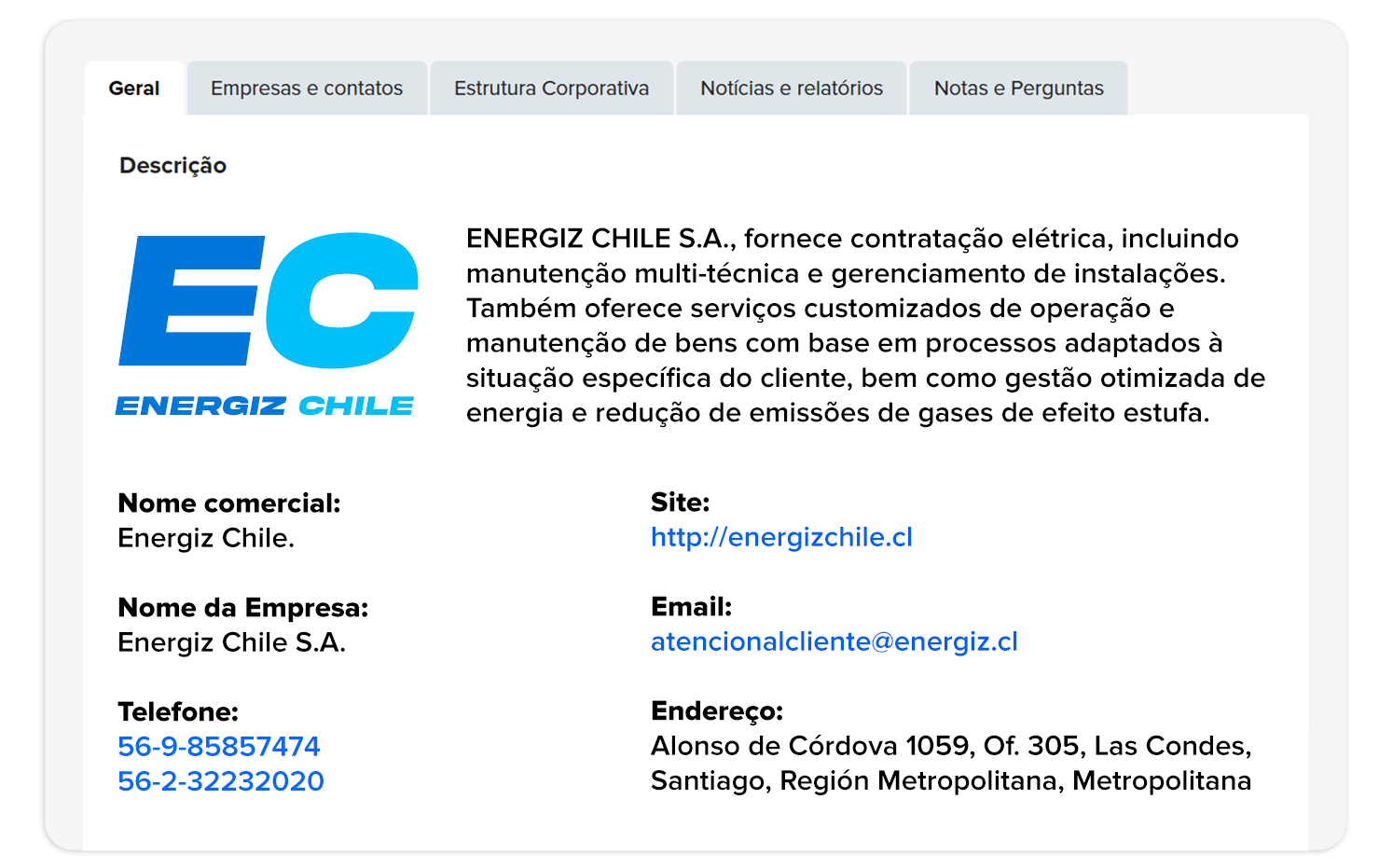 Perfil de empresa na BNamericas com insights-chave para consultores.